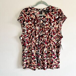 Liz Claiborne Career Black Tan Red Floral Cap Sleeve Blouse Zipper Back XXL